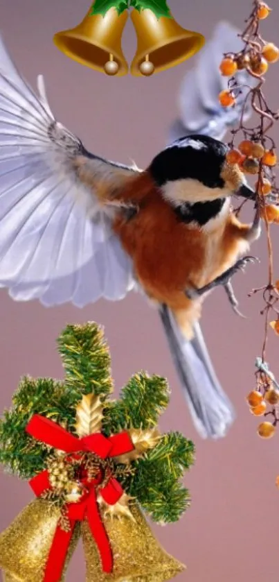 Bird in flight amidst festive decorations with a pastel pink background.