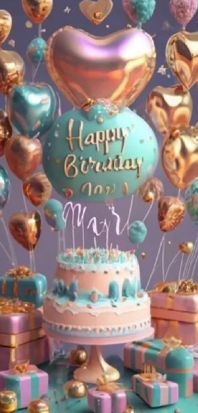 Birthday scene with balloons, cake, and gifts.