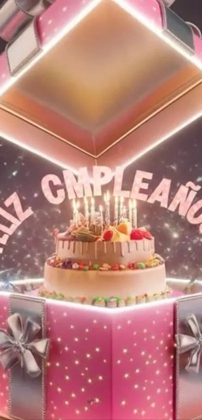 Festive birthday cake inside sparkling gift box with Feliz Cumpleaños text.