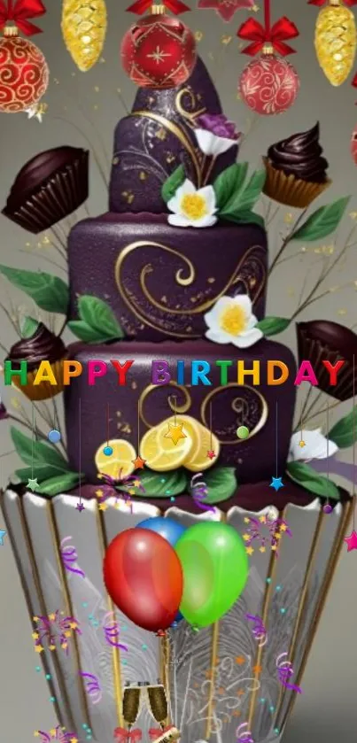Elegant birthday cake with decorations and vibrant colors.