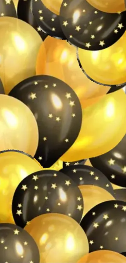 Black and gold starry balloons wallpaper.