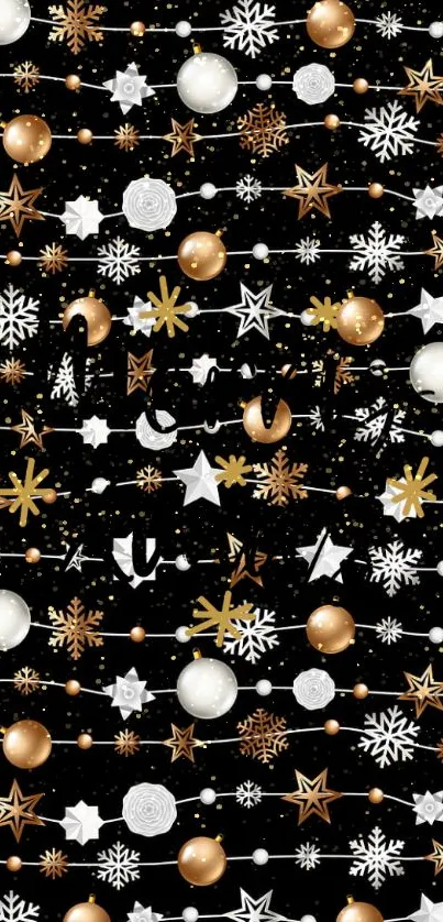 Black and gold festive wallpaper with stars and snowflakes.