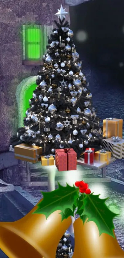 Black Christmas tree with silver ornaments and presents.