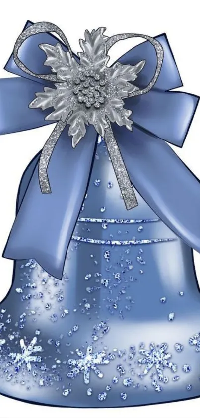 Elegant blue bell ornament with silver ribbon and sparkle details.