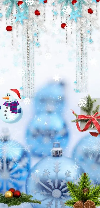 Festive Christmas wallpaper with snowman and blue ornaments.