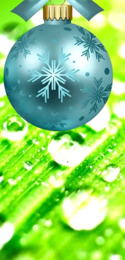 Blue ornament with snowflakes on green leaf background.