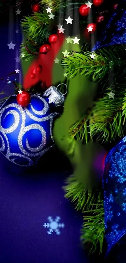 Blue ornament with pine and ribbon decoration wallpaper.