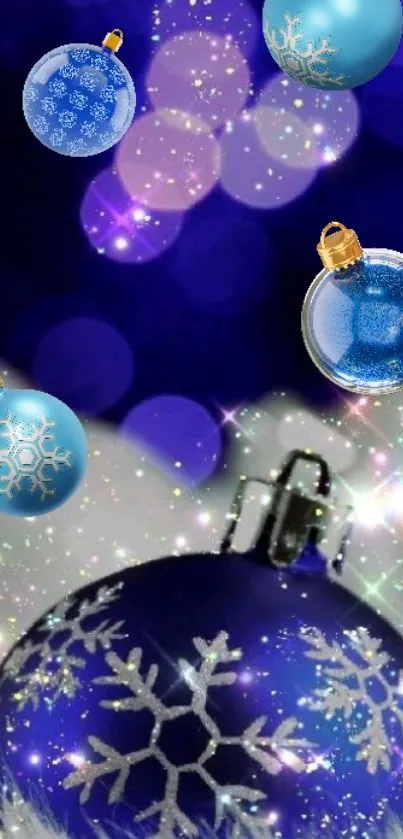 Blue festive ornaments with snowflake patterns and sparkling lights.