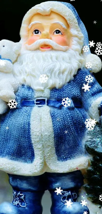 Festive wallpaper of blue Santa with snowflakes.