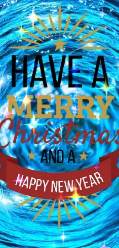 Festive blue vortex with holiday greetings for Christmas and New Year.