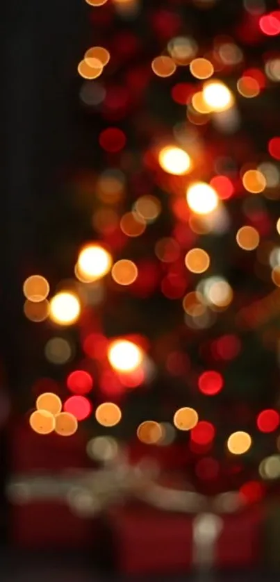 Bokeh lights on a Christmas tree with a festive ambiance.