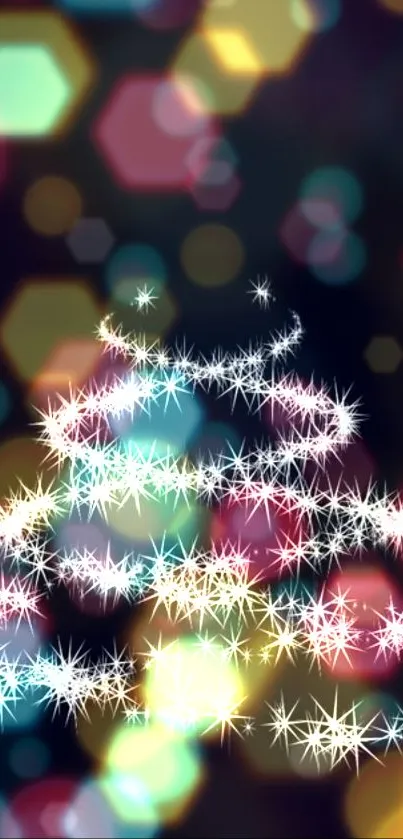 Festive bokeh Christmas tree with colorful lights and stars.