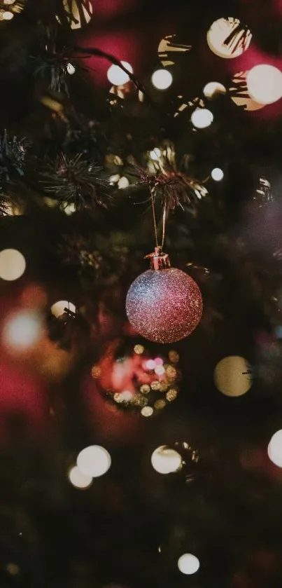 Christmas tree with glowing ornaments and festive lights.