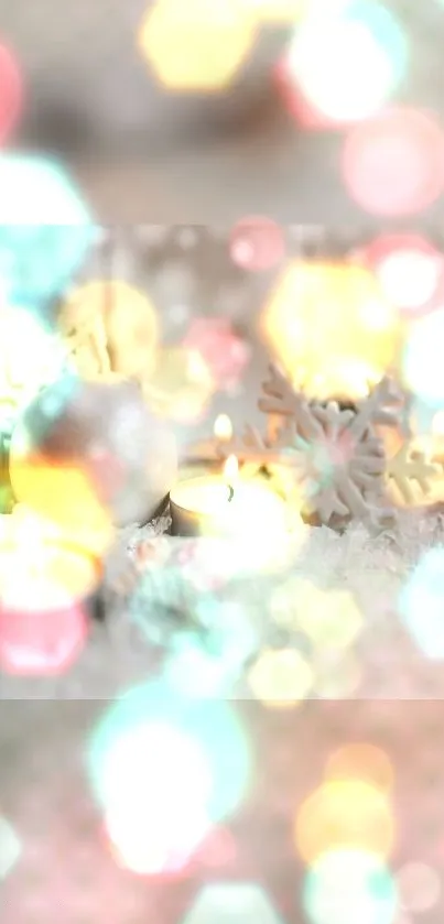 Festive Christmas wallpaper with bokeh lights and snowflakes.