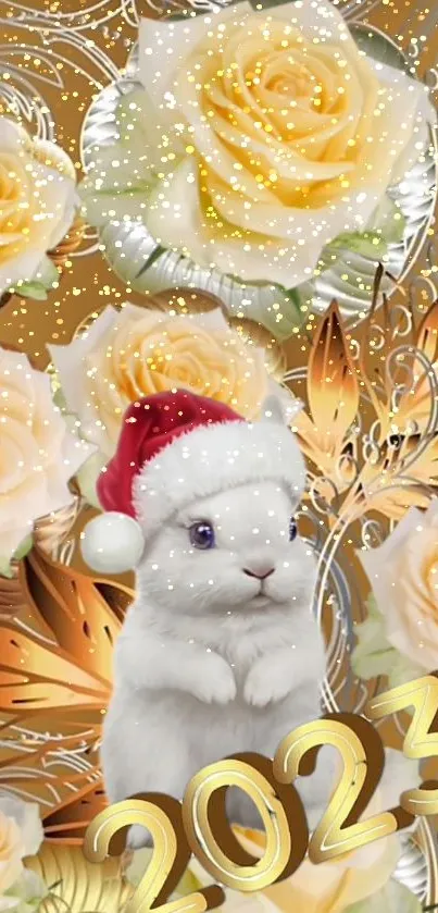 Bunny with Santa hat and golden roses wallpaper for 2023.