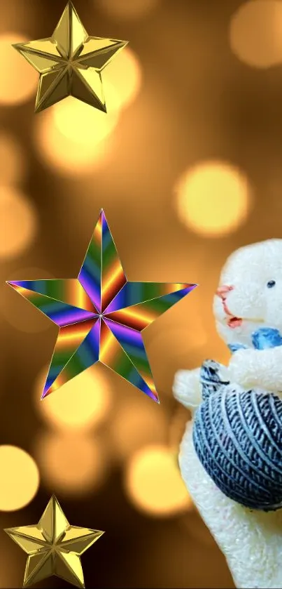 Festive wallpaper with toy bunny and colorful stars.