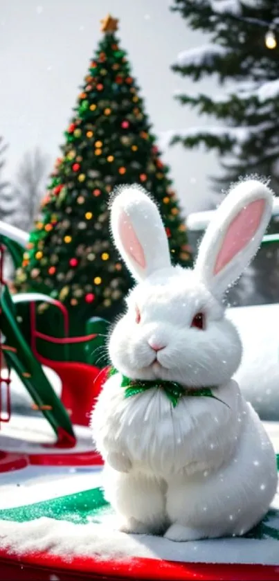 Cute white bunny with Christmas tree background.