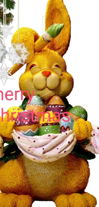 Yellow bunny with Christmas eggs in seasonal wallpaper.