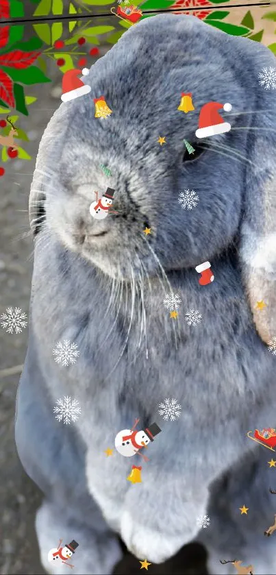 Cute grey bunny with festive Christmas decorations.