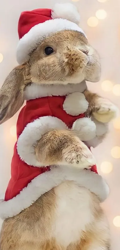 Cute bunny in a Santa suit with festive lights in the background.