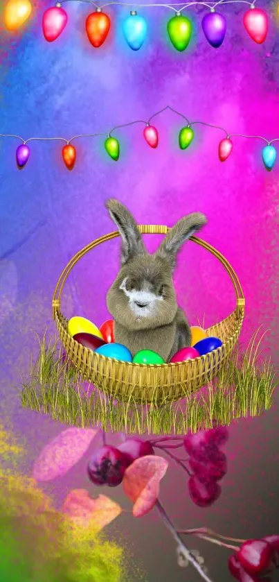 Cute bunny in basket with colorful Easter eggs and festive lights.