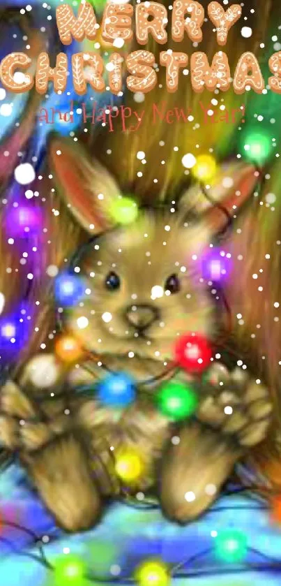 Festive rabbit with Christmas lights and holiday greetings.