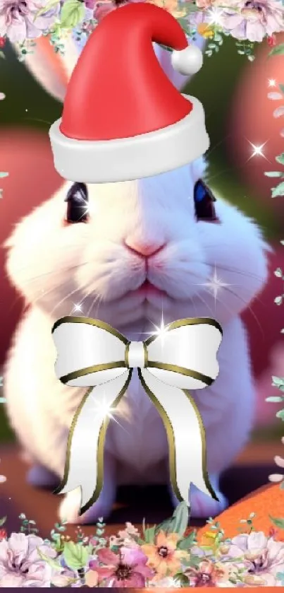 Festive bunny with Santa hat and floral border mobile wallpaper.