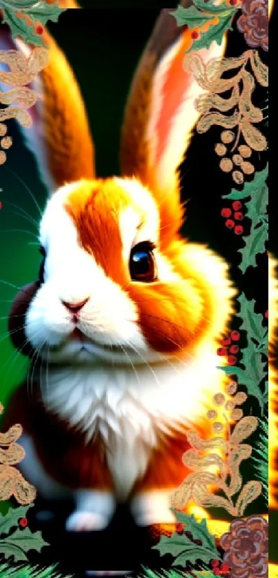 Festive bunny with seasonal foliage frame on phone wallpaper.