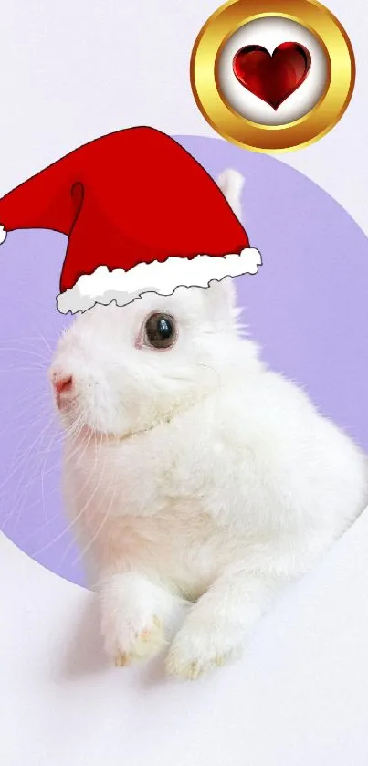 Cute white bunny with Santa hat on festive wallpaper.