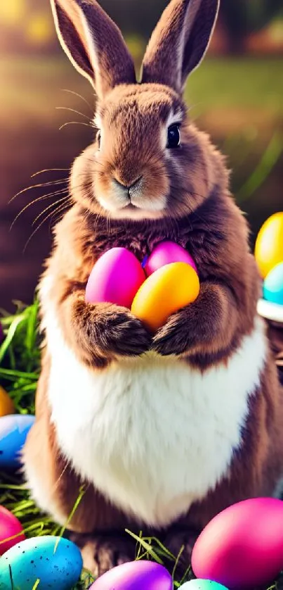 Easter bunny holding vibrant eggs in grass.