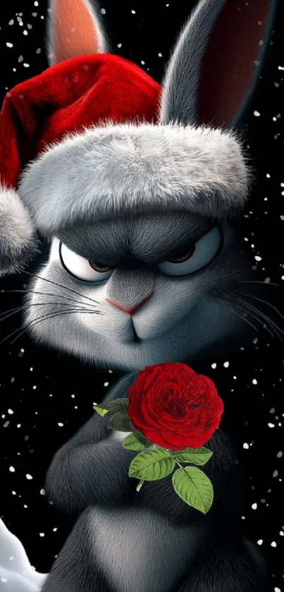 Festive cartoon bunny with Santa hat and rose.