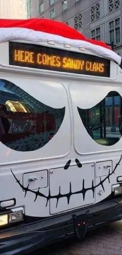 A city bus adorned with festive skull artwork and Santa hat.