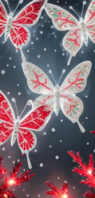 Red and white butterflies with snowy decorations.