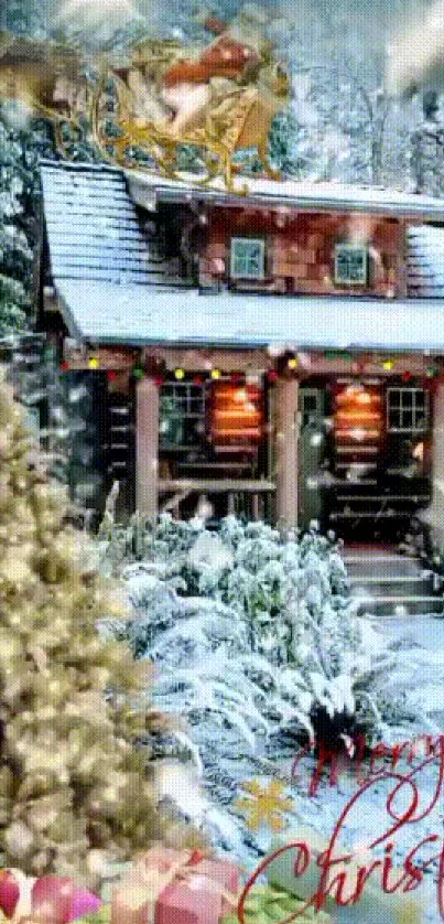 Festive snowy cabin with Christmas tree and Santa's sleigh.