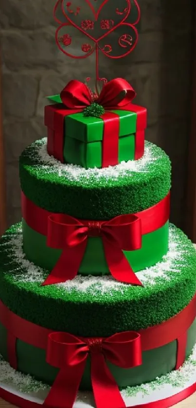 Festive cake decorated with red ribbons and a gift box for mobile wallpaper.