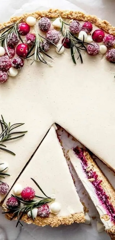 Festive cake slice with cream and berries, topped with rosemary sprigs.