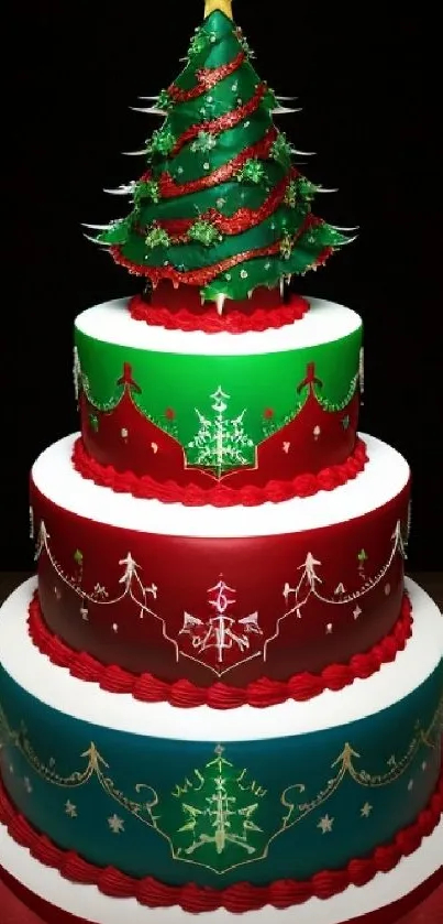 Three-tier cake designed as a Christmas tree on festive wallpaper.