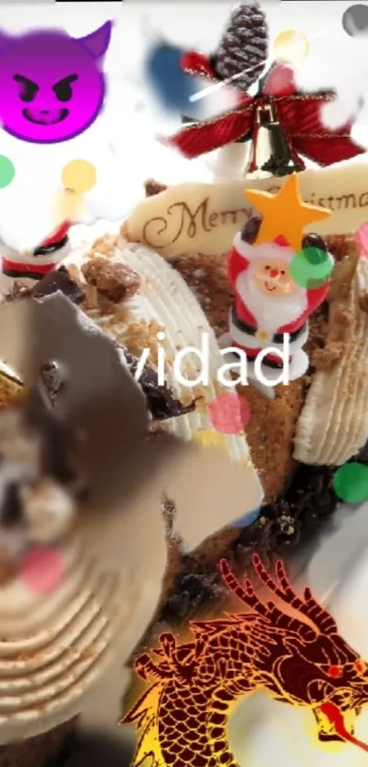 Festive Christmas cake with colorful decorations and icons.