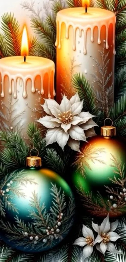 Festive candles with ornaments and greenery for holiday decor.