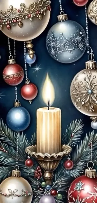 Candle surrounded by festive Christmas ornaments.