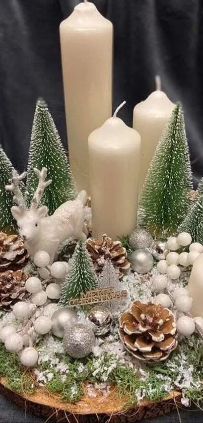 Festive arrangement of candles, pine trees, and holiday decor on a cozy background.