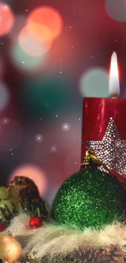 Festive bokeh wallpaper with a glowing candle and Christmas decorations.