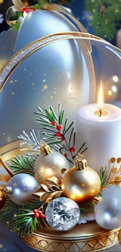 Christmas candle and ornaments with festive decorations.