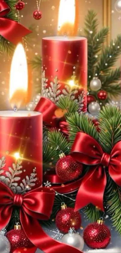 Festive Christmas candle wallpaper with red ornaments and pine.