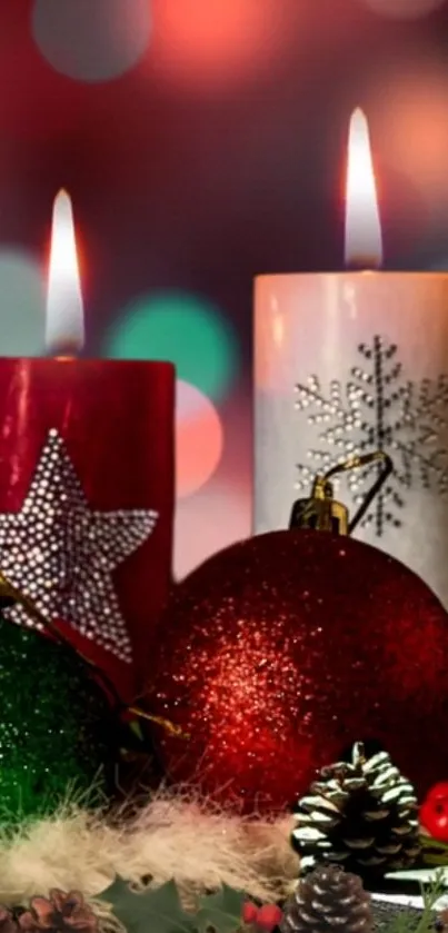 Festive wallpaper with candles and ornaments, creating a warm holiday atmosphere.