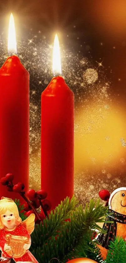 Festive mobile wallpaper with red candles and Christmas decorations.