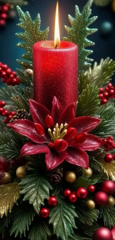 Christmas candle with floral arrangement