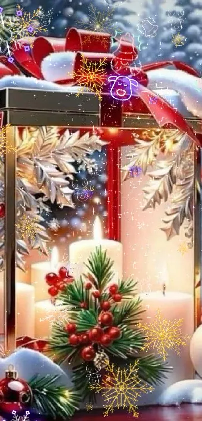 Elegant lantern with Christmas candles and ornaments.