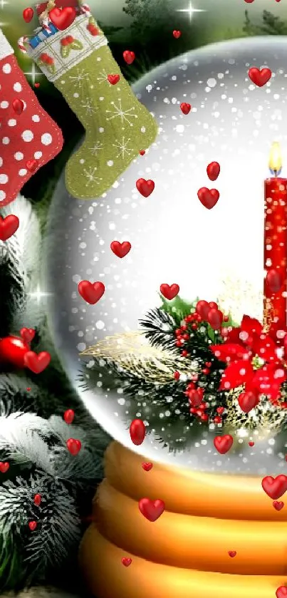 Festive snow globe with candles surrounded by evergreen branches.