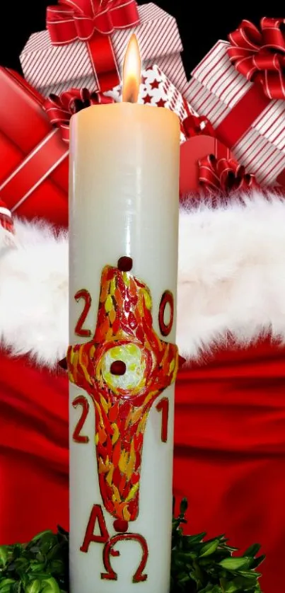 Festive Christmas candle with red gifts and decorations.